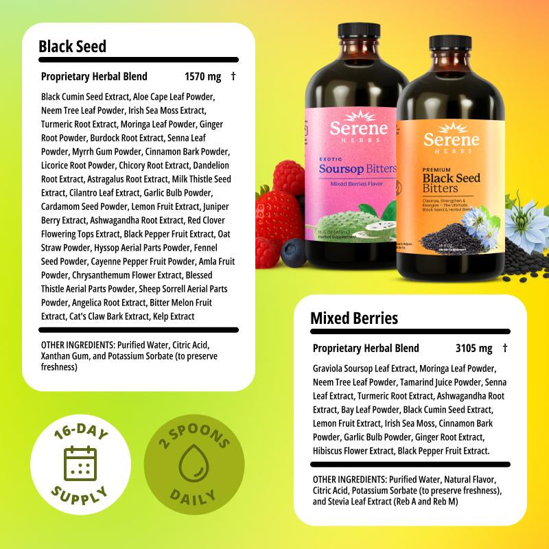 Serene Herbs 16 Day Soursop Reset | Organic Herbal Detox Cortisol Bundle Gut Healthy Booster Immune Support & Energy | Non-Gmo, Vegan (32 Fl Oz, 16 Fl Oz Each)