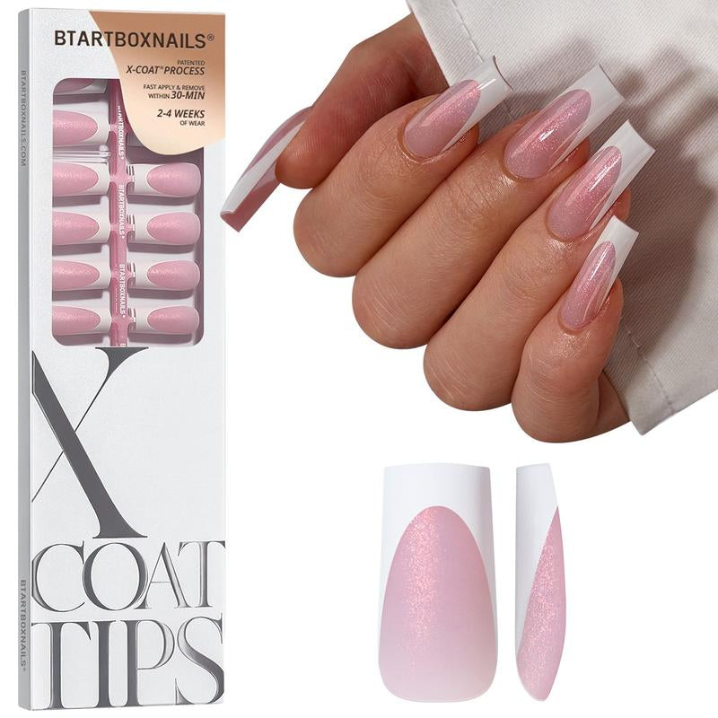 Btartboxnails XCOATTIPS Press on Nails-96Pcs White Short Square or Almond or Stiletto French Tips Glitter Pink Base,Soft Gel Falsenail, Soak off Acrylic Fake Nails Extensions