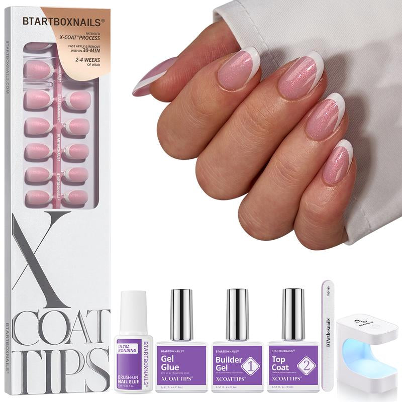 Btartboxnails XCOATTIPS Press on Nails-96Pcs White Short Square or Almond or Stiletto French Tips Glitter Pink Base,Soft Gel Falsenail, Soak off Acrylic Fake Nails Extensions