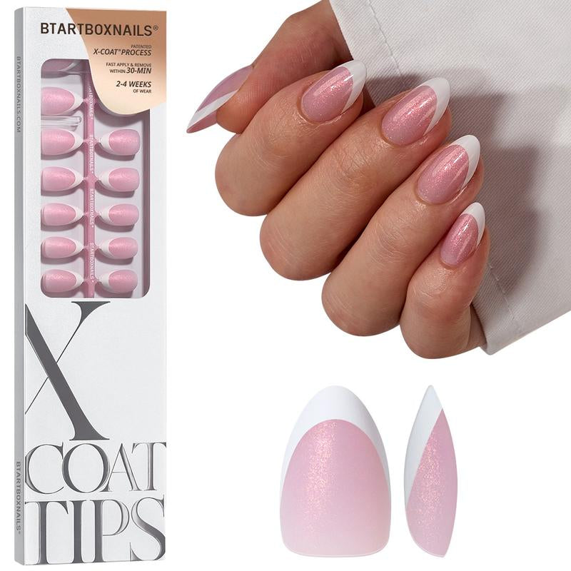 Btartboxnails XCOATTIPS Press on Nails-96Pcs White Short Square or Almond or Stiletto French Tips Glitter Pink Base,Soft Gel Falsenail, Soak off Acrylic Fake Nails Extensions