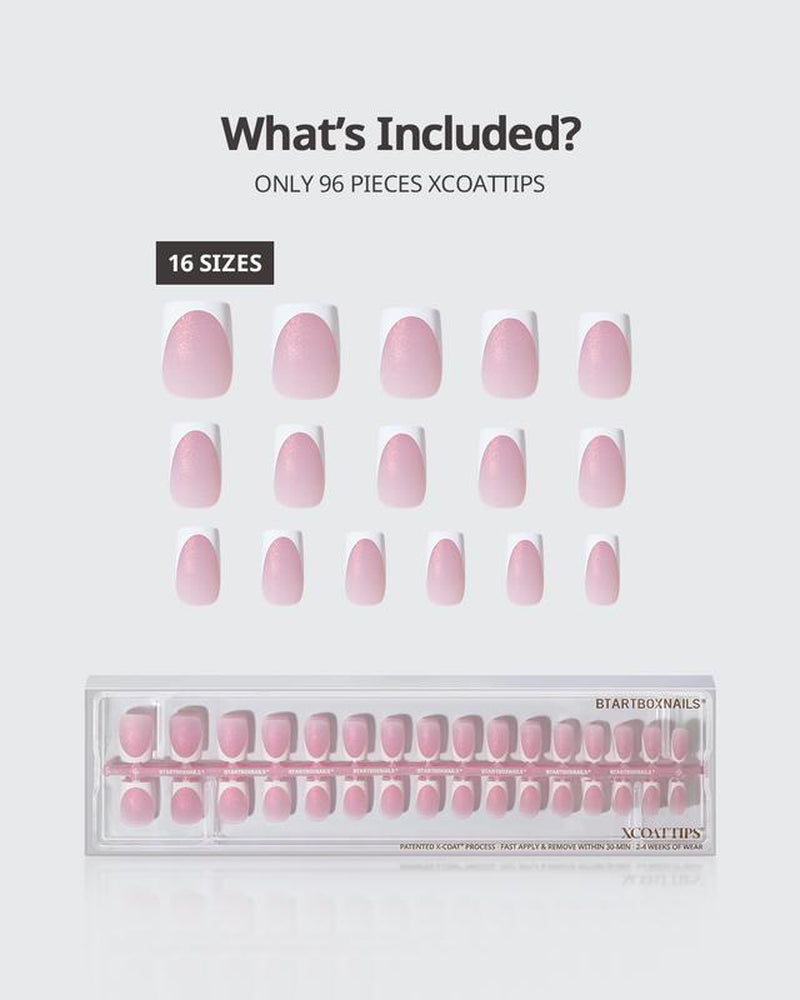 Btartboxnails XCOATTIPS Press on Nails-96Pcs White Short Square or Almond or Stiletto French Tips Glitter Pink Base,Soft Gel Falsenail, Soak off Acrylic Fake Nails Extensions