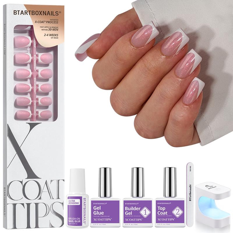 Btartboxnails XCOATTIPS Press on Nails-96Pcs White Short Square or Almond or Stiletto French Tips Glitter Pink Base,Soft Gel Falsenail, Soak off Acrylic Fake Nails Extensions