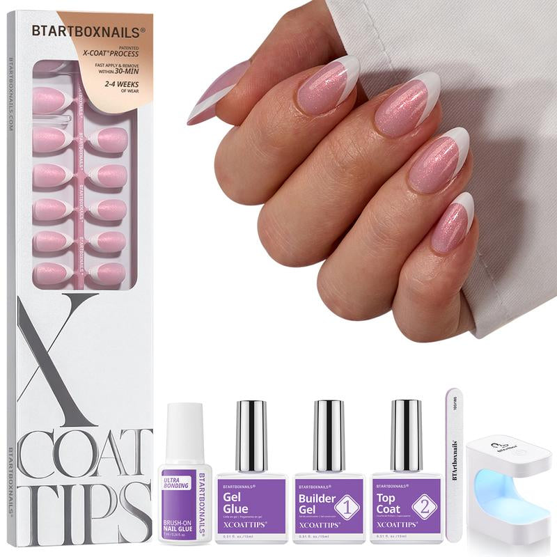 Btartboxnails XCOATTIPS Press on Nails-96Pcs White Short Square or Almond or Stiletto French Tips Glitter Pink Base,Soft Gel Falsenail, Soak off Acrylic Fake Nails Extensions