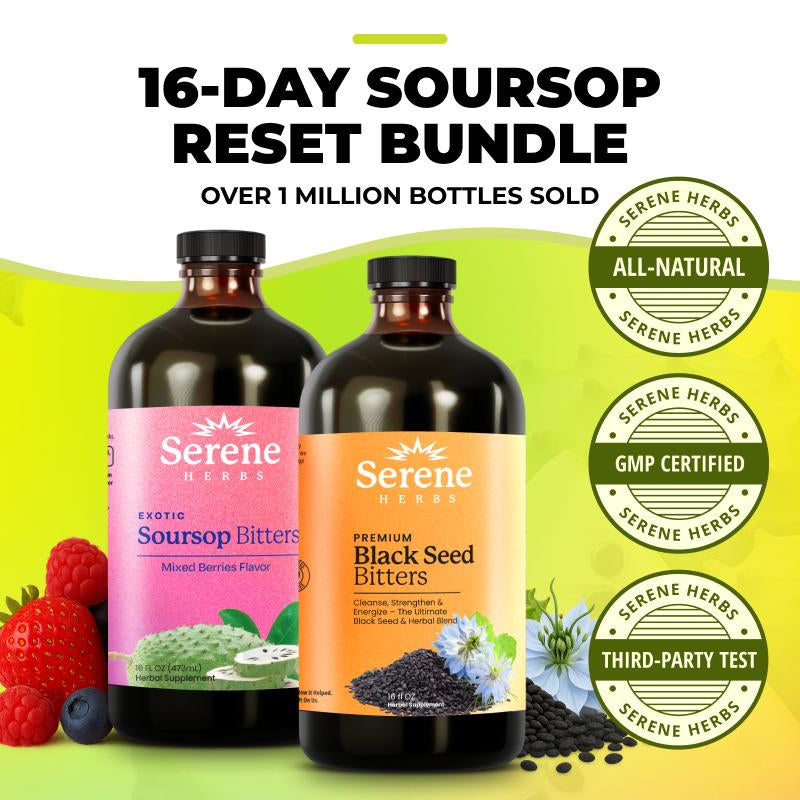 Serene Herbs 16 Day Soursop Reset | Organic Herbal Detox Cortisol Bundle Gut Healthy Booster Immune Support & Energy | Non-Gmo, Vegan (32 Fl Oz, 16 Fl Oz Each)