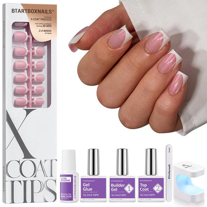 Btartboxnails XCOATTIPS Press on Nails-96Pcs White Short Square or Almond or Stiletto French Tips Glitter Pink Base,Soft Gel Falsenail, Soak off Acrylic Fake Nails Extensions