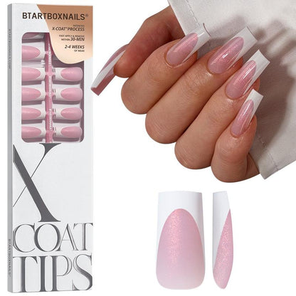 Btartboxnails XCOATTIPS Press on Nails-96Pcs White Short Square or Almond or Stiletto French Tips Glitter Pink Base,Soft Gel Falsenail, Soak off Acrylic Fake Nails Extensions