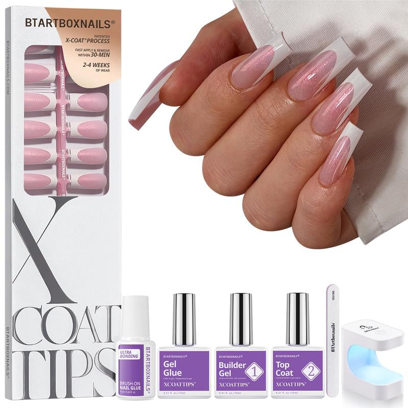Btartboxnails XCOATTIPS Press on Nails-96Pcs White Short Square or Almond or Stiletto French Tips Glitter Pink Base,Soft Gel Falsenail, Soak off Acrylic Fake Nails Extensions