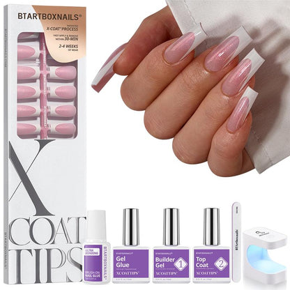 Btartboxnails XCOATTIPS Press on Nails-96Pcs White Short Square or Almond or Stiletto French Tips Glitter Pink Base,Soft Gel Falsenail, Soak off Acrylic Fake Nails Extensions