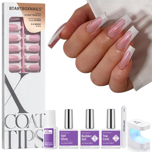 Btartboxnails XCOATTIPS Press on Nails-96Pcs White Short Square or Almond or Stiletto French Tips Glitter Pink Base,Soft Gel Falsenail, Soak off Acrylic Fake Nails Extensions