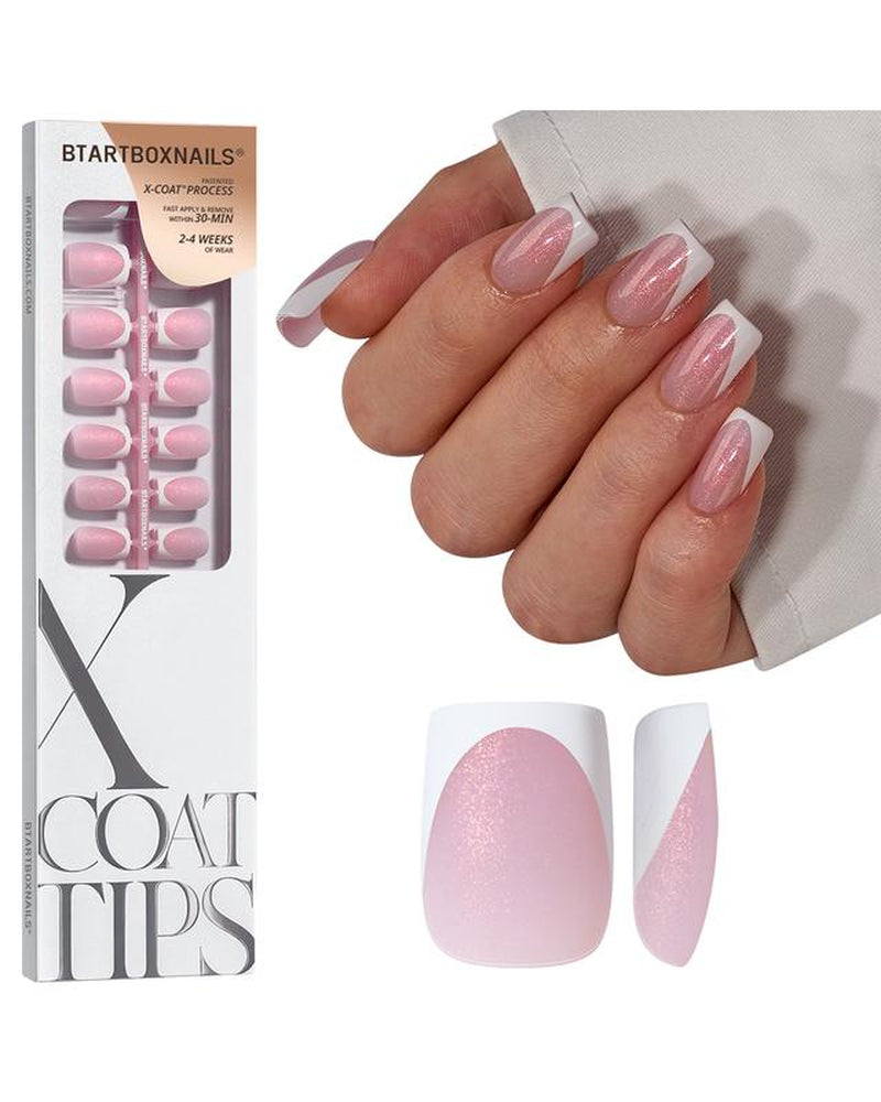 Btartboxnails XCOATTIPS Press on Nails-96Pcs White Short Square or Almond or Stiletto French Tips Glitter Pink Base,Soft Gel Falsenail, Soak off Acrylic Fake Nails Extensions