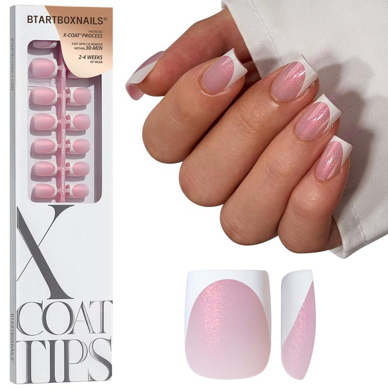 Btartboxnails XCOATTIPS Press on Nails-96Pcs White Short Square or Almond or Stiletto French Tips Glitter Pink Base,Soft Gel Falsenail, Soak off Acrylic Fake Nails Extensions