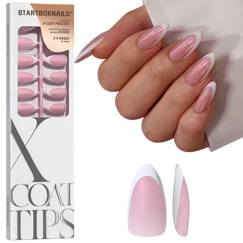 Btartboxnails XCOATTIPS Press on Nails-96Pcs White Short Square or Almond or Stiletto French Tips Glitter Pink Base,Soft Gel Falsenail, Soak off Acrylic Fake Nails Extensions