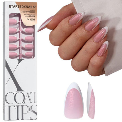 Btartboxnails XCOATTIPS Press on Nails-96Pcs White Short Square or Almond or Stiletto French Tips Glitter Pink Base,Soft Gel Falsenail, Soak off Acrylic Fake Nails Extensions
