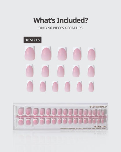 Btartboxnails XCOATTIPS Press on Nails-96Pcs White Short Square or Almond or Stiletto French Tips Glitter Pink Base,Soft Gel Falsenail, Soak off Acrylic Fake Nails Extensions