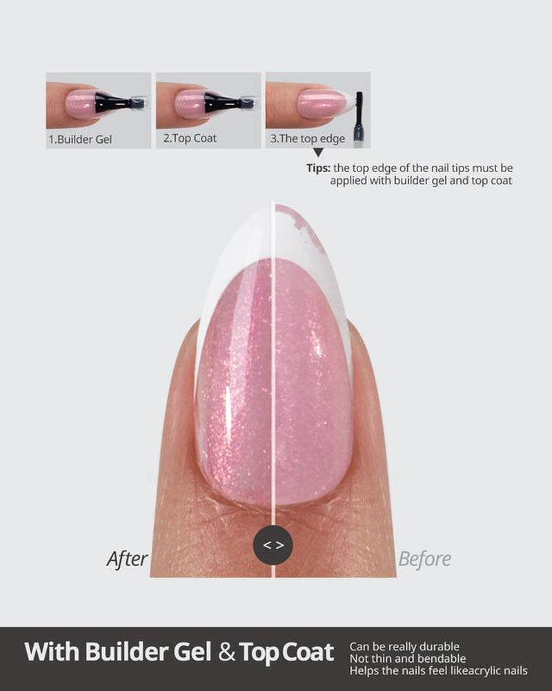 Btartboxnails XCOATTIPS Press on Nails-96Pcs White Short Square or Almond or Stiletto French Tips Glitter Pink Base,Soft Gel Falsenail, Soak off Acrylic Fake Nails Extensions