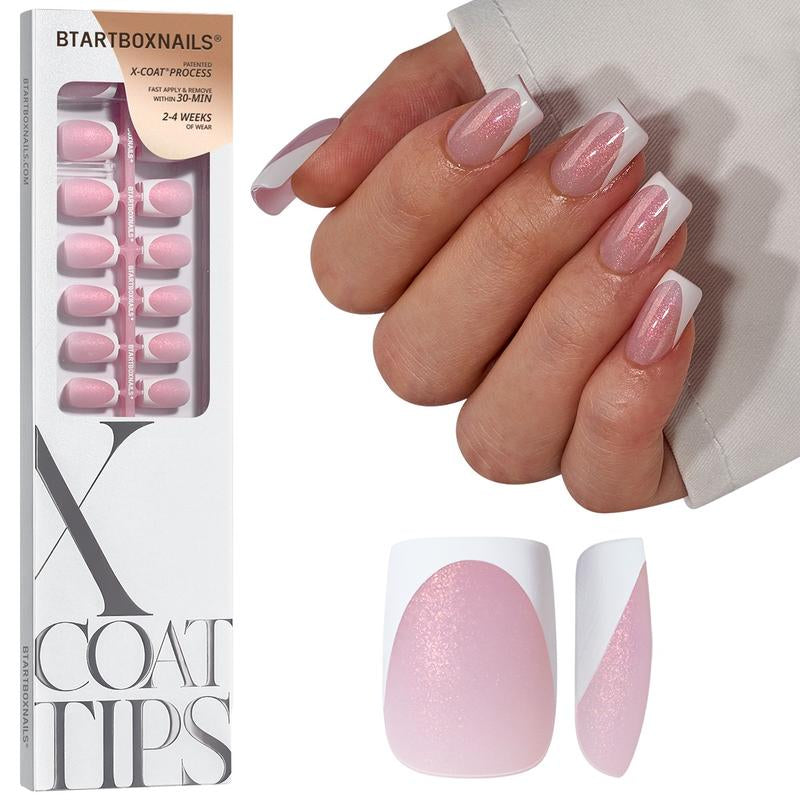 Btartboxnails XCOATTIPS Press on Nails-96Pcs White Short Square or Almond or Stiletto French Tips Glitter Pink Base,Soft Gel Falsenail, Soak off Acrylic Fake Nails Extensions