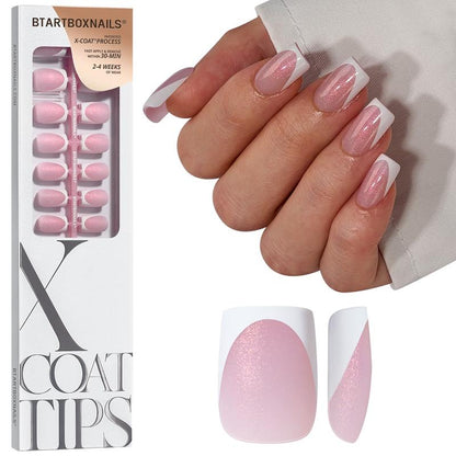 Btartboxnails XCOATTIPS Press on Nails-96Pcs White Short Square or Almond or Stiletto French Tips Glitter Pink Base,Soft Gel Falsenail, Soak off Acrylic Fake Nails Extensions