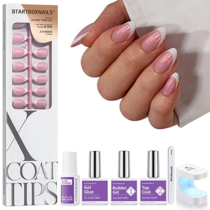 Btartboxnails XCOATTIPS Press on Nails-96Pcs White Short Square or Almond or Stiletto French Tips Glitter Pink Base,Soft Gel Falsenail, Soak off Acrylic Fake Nails Extensions
