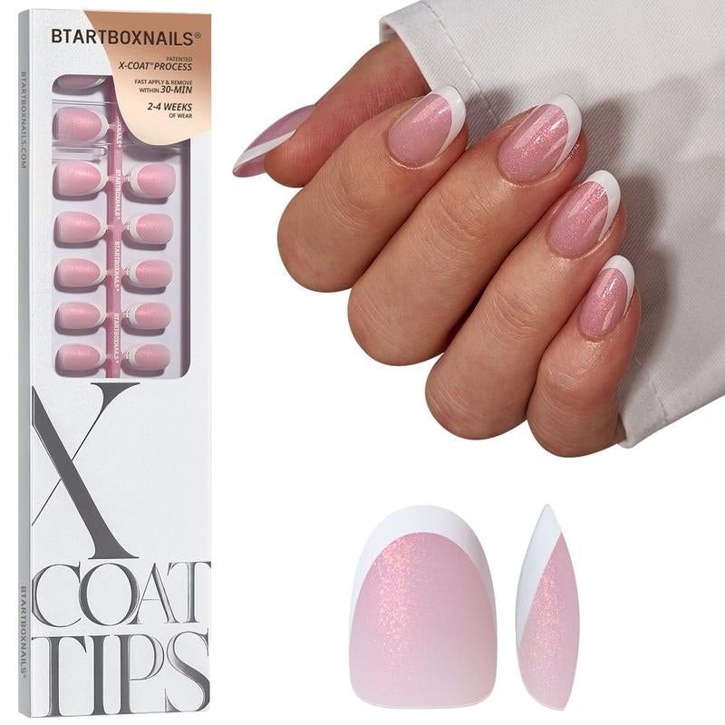 Btartboxnails XCOATTIPS Press on Nails-96Pcs White Short Square or Almond or Stiletto French Tips Glitter Pink Base,Soft Gel Falsenail, Soak off Acrylic Fake Nails Extensions