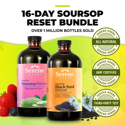 Serene Herbs 16 Day Soursop Reset | Organic Herbal Detox Cortisol Bundle Gut Healthy Booster Immune Support & Energy | Non-Gmo, Vegan (32 Fl Oz, 16 Fl Oz Each)