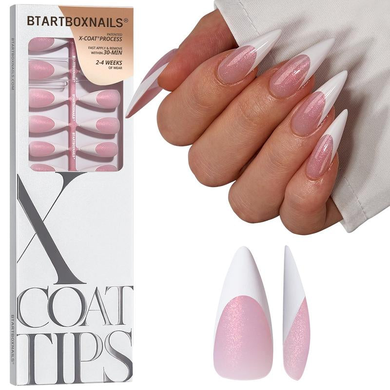 Btartboxnails XCOATTIPS Press on Nails-96Pcs White Short Square or Almond or Stiletto French Tips Glitter Pink Base,Soft Gel Falsenail, Soak off Acrylic Fake Nails Extensions