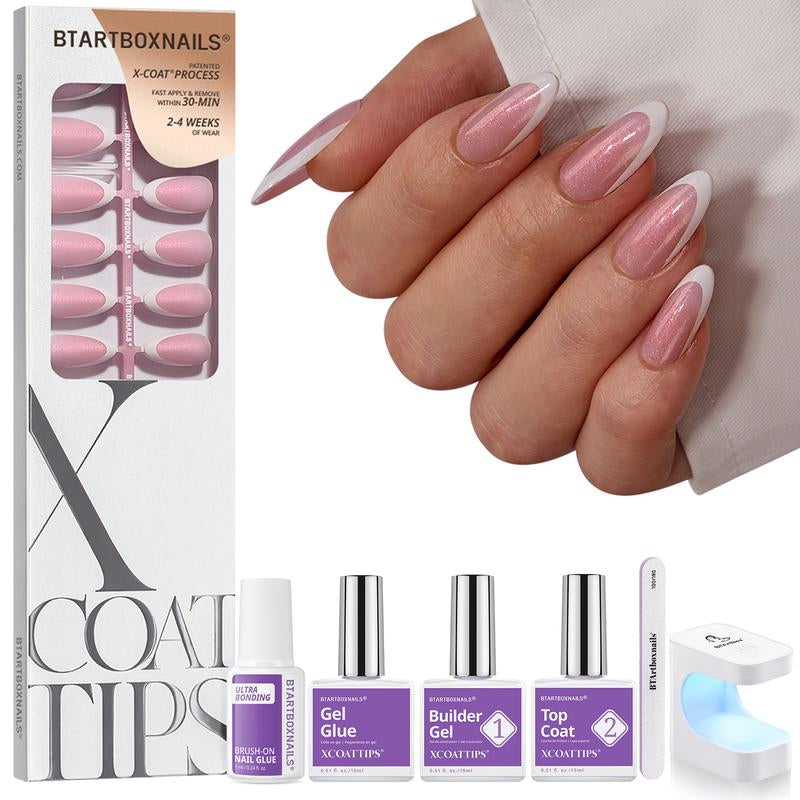 Btartboxnails XCOATTIPS Press on Nails-96Pcs White Short Square or Almond or Stiletto French Tips Glitter Pink Base,Soft Gel Falsenail, Soak off Acrylic Fake Nails Extensions