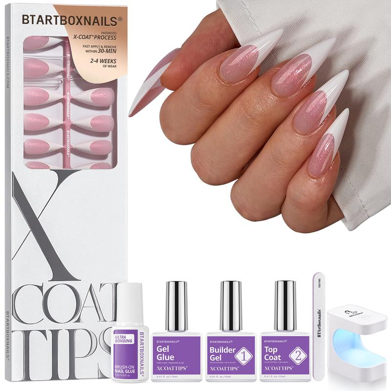 Btartboxnails XCOATTIPS Press on Nails-96Pcs White Short Square or Almond or Stiletto French Tips Glitter Pink Base,Soft Gel Falsenail, Soak off Acrylic Fake Nails Extensions
