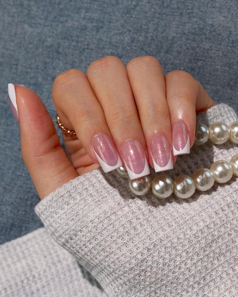 Btartboxnails XCOATTIPS Press on Nails-96Pcs White Short Square or Almond or Stiletto French Tips Glitter Pink Base,Soft Gel Falsenail, Soak off Acrylic Fake Nails Extensions