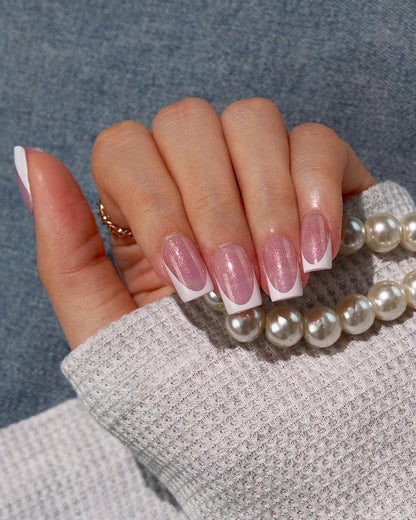 Btartboxnails XCOATTIPS Press on Nails-96Pcs White Short Square or Almond or Stiletto French Tips Glitter Pink Base,Soft Gel Falsenail, Soak off Acrylic Fake Nails Extensions